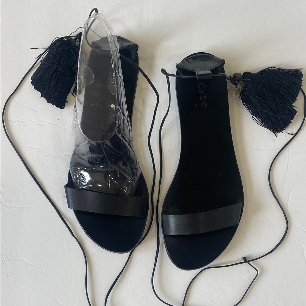 J. Crew Black Leather Tassel Wrap Sandals